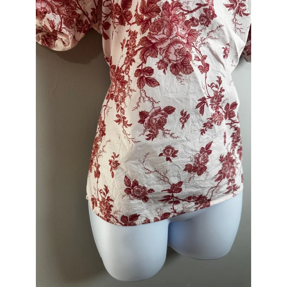 Banana Republic Pink Red Floral Toile Puff Sleeve V-Neck Cotton Blouse‎ Small S